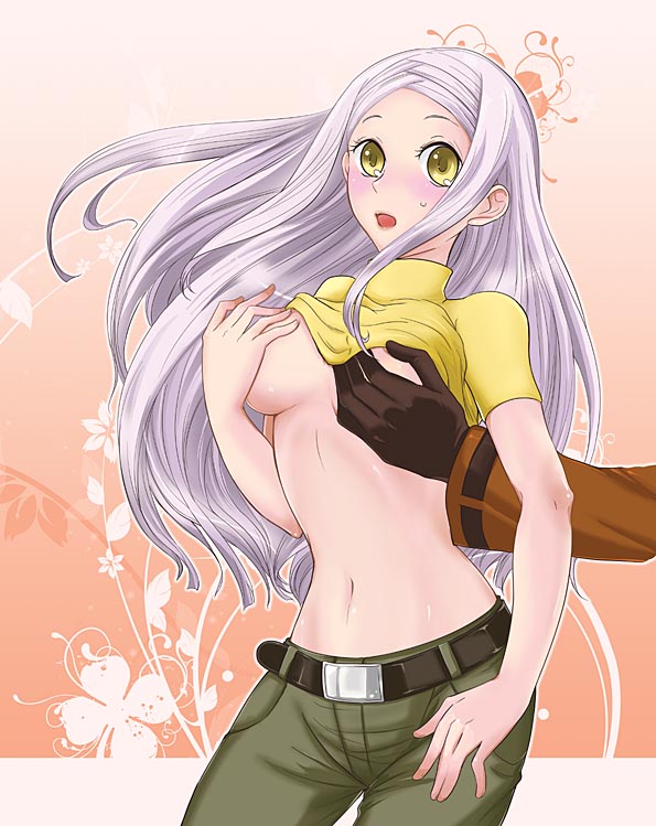 1girl, allelujah_haptism, belt, black_gloves, breast_grab, breasts, gloves, grabbing