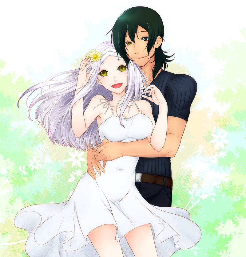 1boy, 1girl, allelujah_haptism, belt, black_hair, breasts, chibi, cleavage, collarbone, dress, flower, grey_eyes, gundam, gundam_00, hair_flower, hair_ornament, heterochromia, hug, hug_from_behind, long_hair, looking_at_viewer, medium_breasts, open_mouth, short_hair, silver_hair, smile, soma_peries, taakomaru, white_dress, yellow_eyes