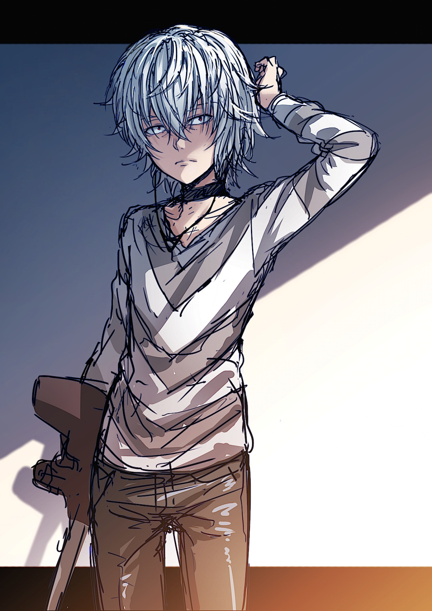 1boy, accelerator, albino, choker, crutch, highres, long_sleeves, looking_at_viewer