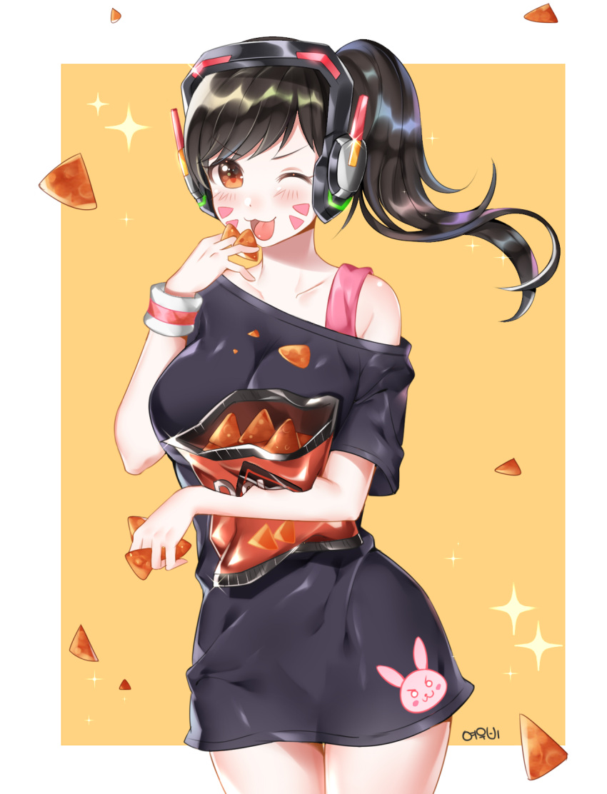 1girl, :3, alternate_breast_size, alternate_hairstyle, armband, artist_name, bare_shoulders, between_fingers