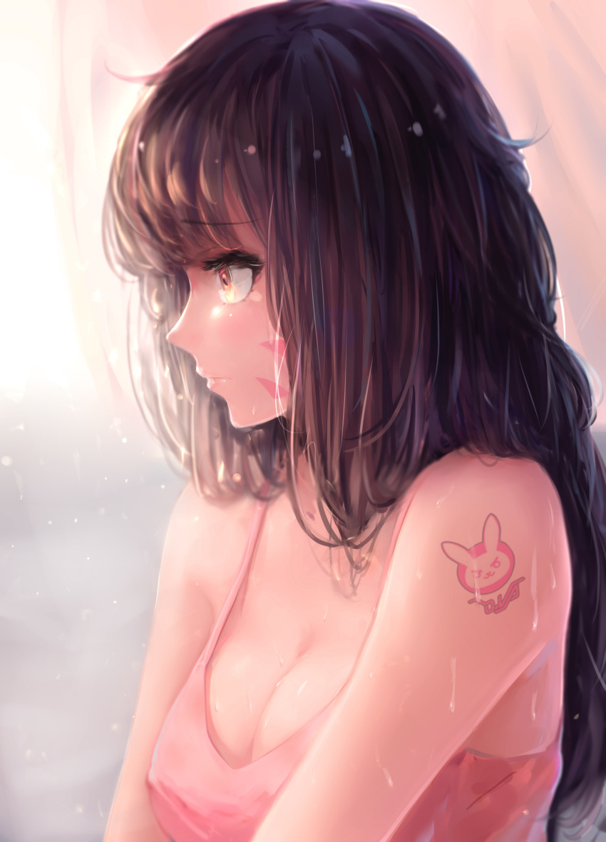 1girl, absurdres, arm_tattoo, bangs, bare_shoulders, breasts, brown_eyes, brown_hair