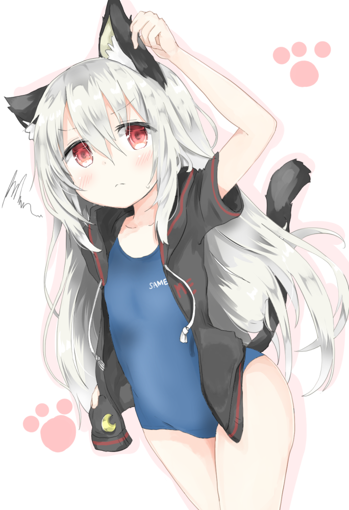 1girl, animal_ears, blue_swimsuit, blush, cat_ears, cat_tail, collarbone, crescent