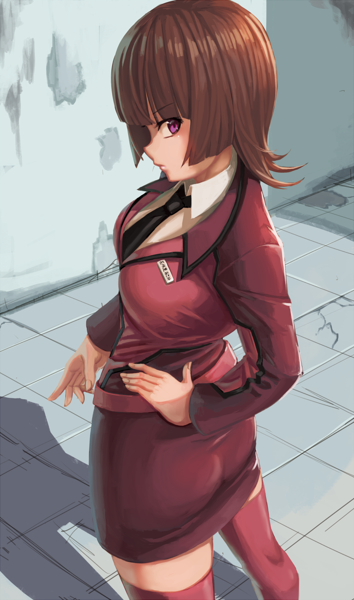 1girl, active_raid, bangs, blunt_bangs, breasts, brown_hair, closed_mouth, collared_shirt