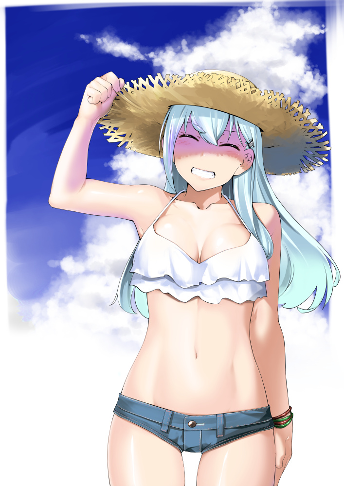 1girl, ^_^, alternate_costume, aqua_hair, arm_up, bare_shoulders, blue_sky, breasts