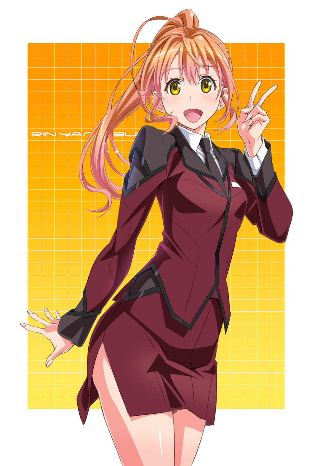 1girl, :d, active_raid, ahoge, blush, breasts, character_name, cowboy_shot, grid, grid_background, highres, long_hair, long_sleeves, looking_at_viewer, necktie, open_mouth, orange_hair, pencil_skirt, shiny, shiny_hair, shiny_skin, side_slit, sidelocks, skirt, small_breasts, smile, solo, suzutsuki_kurara, uniform, v, yamabuki_rin, yellow_eyes