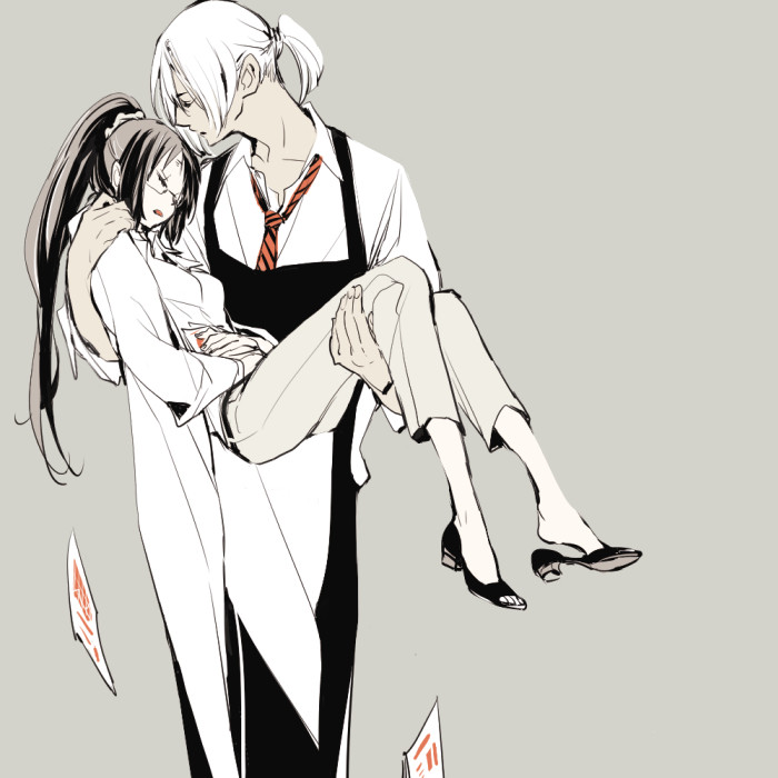 1boy, 1girl, akiko_(camphre), apron, black_hair, carrying, closed_eyes, dark_skin, glasses, hayama_akira, labcoat, long_hair, necktie, ponytail, princess_carry, school_uniform, shiomi_jun, shokugeki_no_souma, short_ponytail, white_hair
