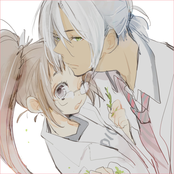 1boy, 1girl, akiko_(camphre), brown_eyes, brown_hair, dark_skin, glasses, hayama_akira, labcoat, long_hair, school_uniform, shiomi_jun, shokugeki_no_souma, short_ponytail, silver_hair