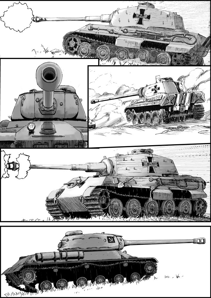 caterpillar_tracks, firing, flag, gaditava, girls_und_panzer, greyscale, ground_vehicle, is-2