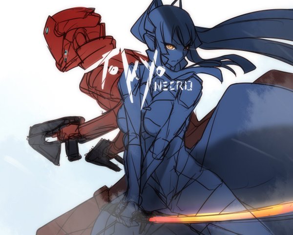 1boy, 1girl, armor, ban, breasts, gijou_mitsumi, gun, katana
