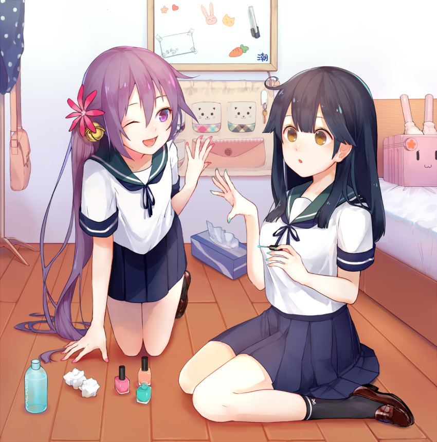 2girls, :o, ;d, af-helen, ahoge, akebono_(kantai_collection), aqua_nails, arm_support