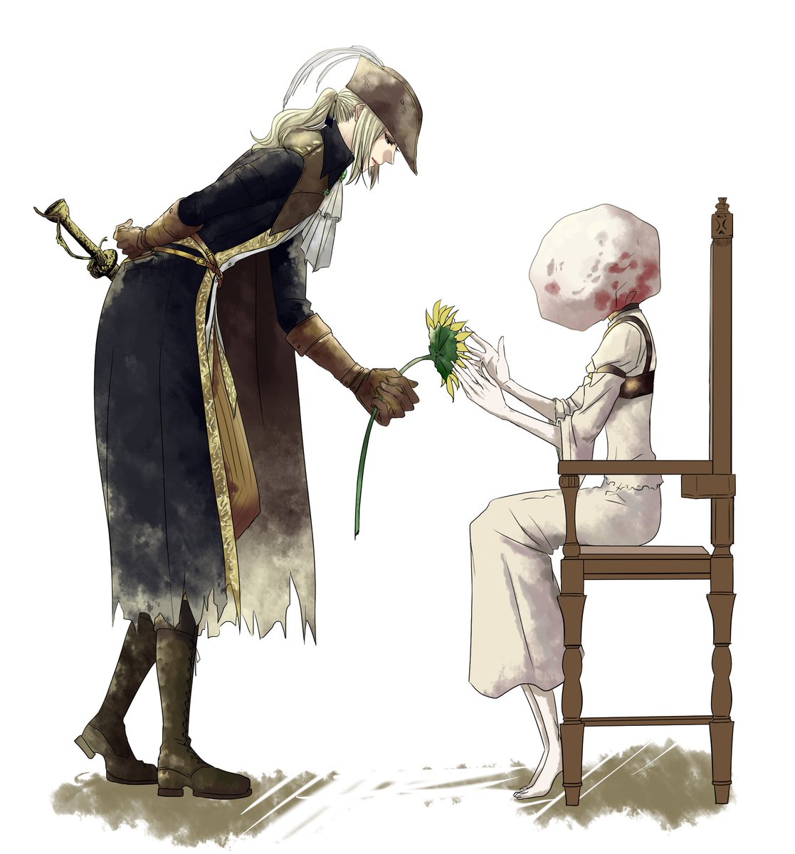 2girls, ascot, blonde_hair, blood, bloodborne, chair, covering_face, dress