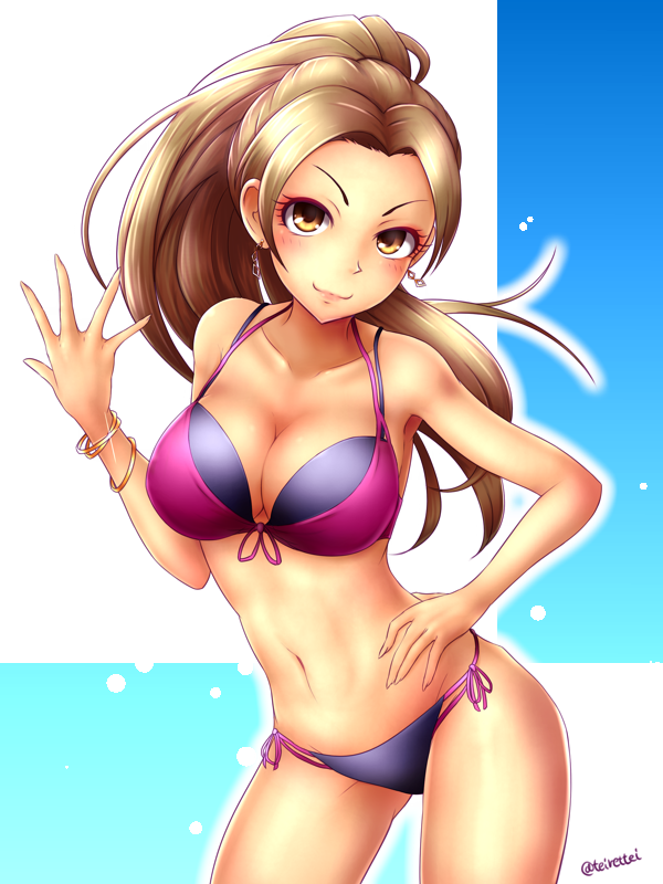 1girl, bikini, breasts, brown_eyes, brown_hair, cleavage, earrings, female, idolmaster, idolmaster_cinderella_girls, jewelry, long_hair, looking_at_viewer, matsunaga_ryou, ponytail, smile, solo, swimsuit, teirettei