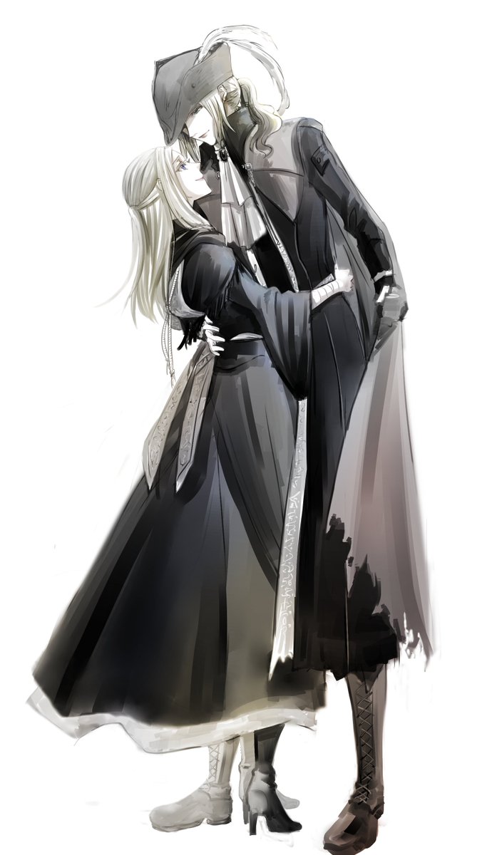 2girls, ascot, blonde_hair, bloodborne, blue_eyes, dress, gloves, hat