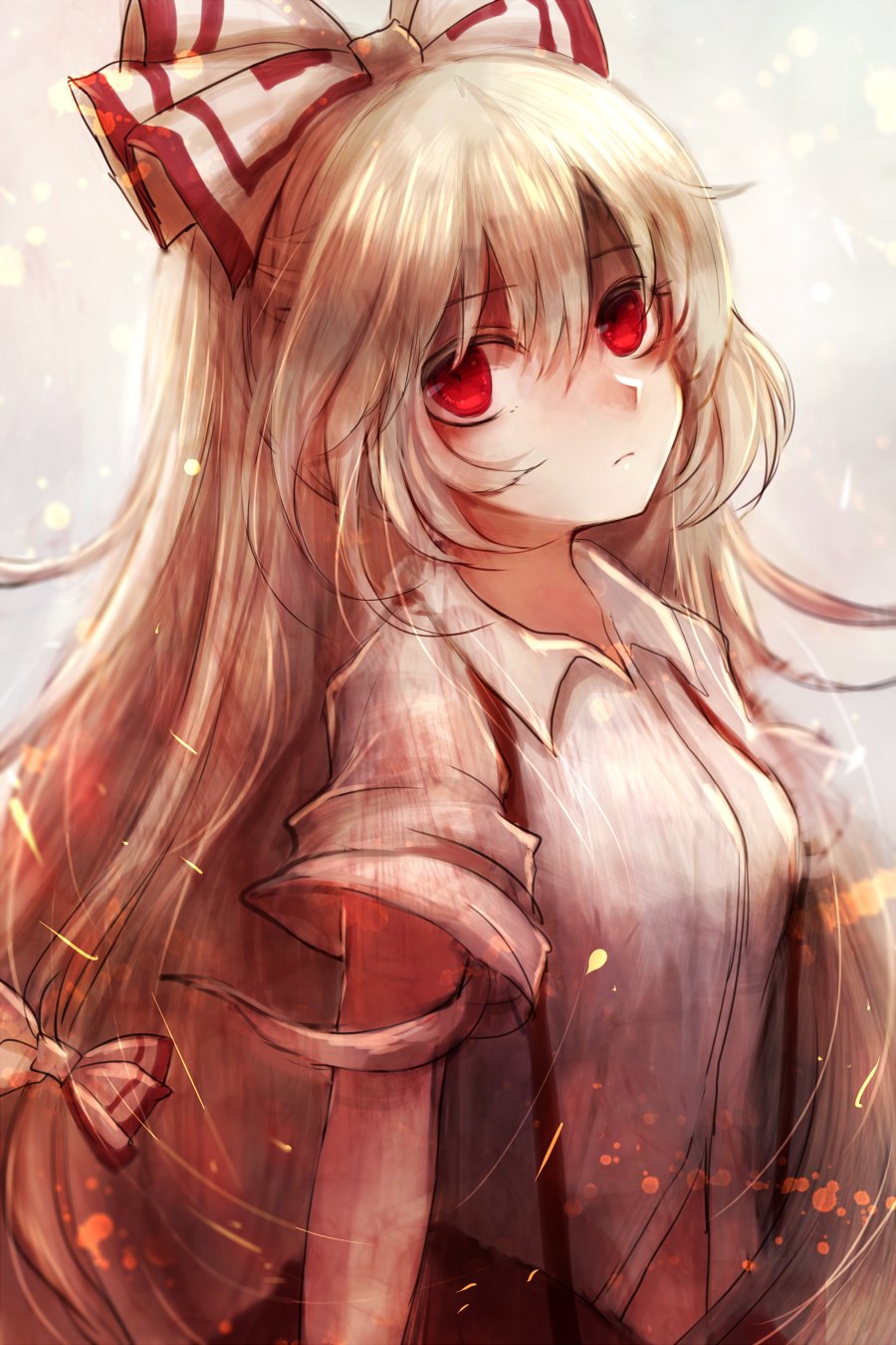 1girl, bow, closed_mouth, collared_shirt, commentary_request, empty_eyes, fire, fujiwara_no_mokou, hair_bow, highres, long_hair, looking_at_viewer, maho_moco, red_eyes, shirt, short_sleeves, silver_hair, solo, suspenders, touhou, upper_body, very_long_hair, white_bow, white_shirt, younger