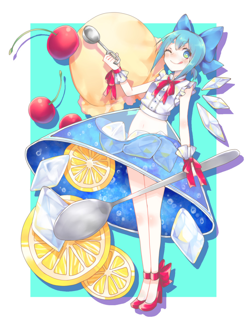 13_(spice!!), 1girl, alternate_costume, aqua_background, aqua_eyes, blue_bow, blue_hair, blue_skirt