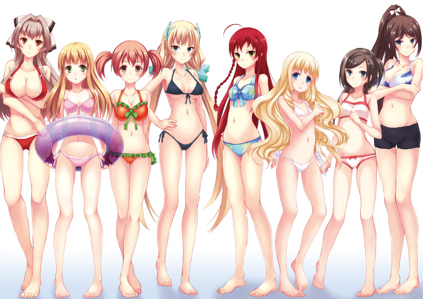 6+girls, amagi_brilliant_park, angela_balzac, azuki_azusa, barefoot, bikini, bikini_shorts, black_bikini, black_hair, blonde_hair, blue_bikini, blue_eyes, braid, breasts, brown_eyes, brown_hair, cleavage, crossed_arms, crossover, front-tie_top, green_eyes, hair_ribbon, hand_on_hip, hataraku_maou-sama!, hentai_ouji_to_warawanai_neko., innertube, latifa_fleuranza, long_hair, medium_breasts, multiple_crossover, multiple_girls, orange_bikini, pink_bikini, ponytail, rakuen_tsuihou, red_bikini, redhead, ribbon, sasakawa_arumi, sasaki_chiho, sento_isuzu, short_hair, shorts, side_ponytail, single_braid, small_breasts, standing, swimsuit, tsutsukakushi_tsukiko, tsutsukakushi_tsukushi, twintails, very_long_hair, white_bikini, yellow_eyes, yusa_emi