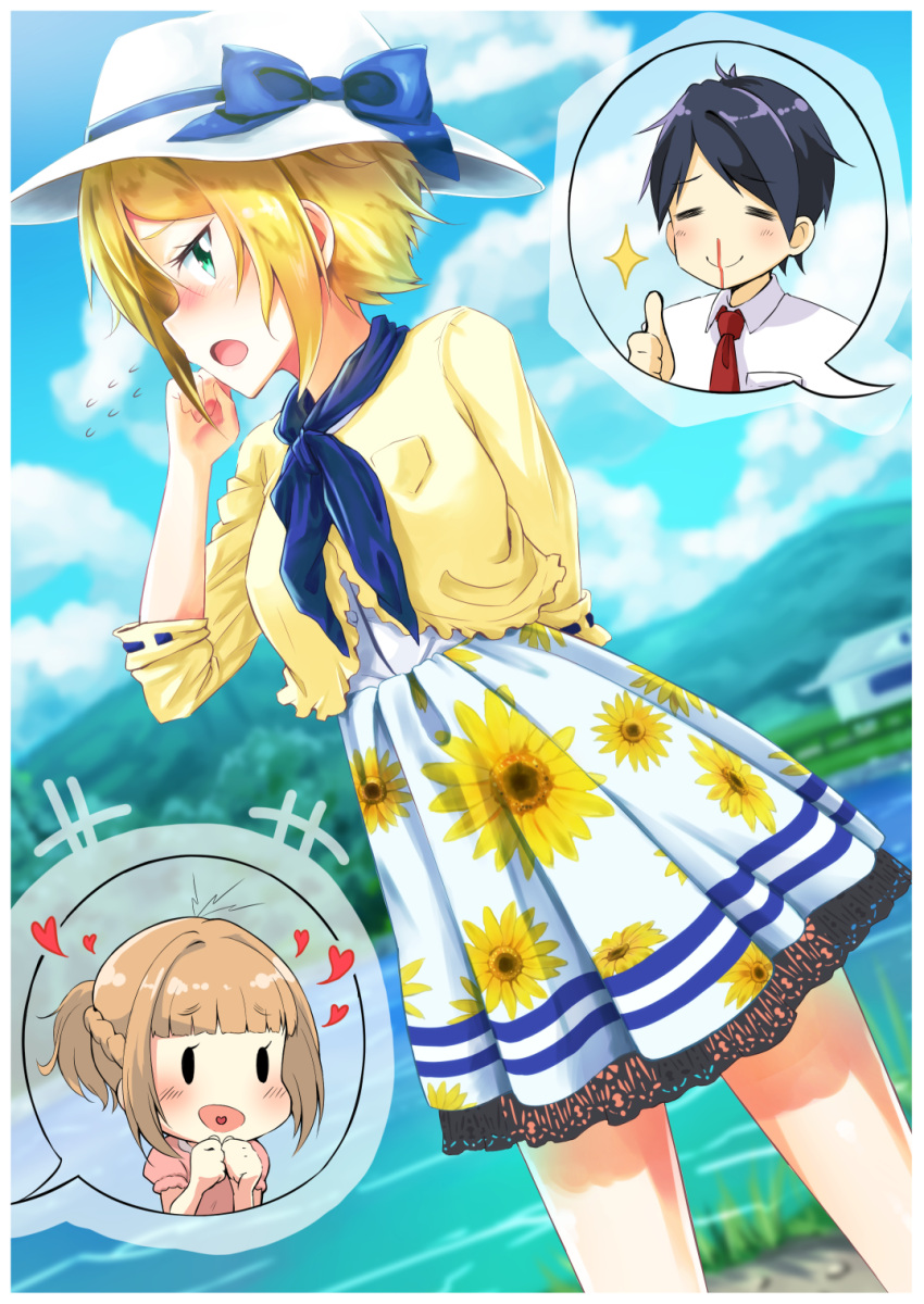 0141zucker, 1boy, 2girls, black_hair, blonde_hair, blood, blush, braid