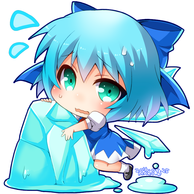 1girl, 2016, aqua_eyes, artist_name, blue_bow, blue_dress, blue_hair, bow, chibi, cirno, dated, dress, flying_sweatdrops, hair_between_eyes, hair_bow, ice, ice_wings, looking_at_viewer, makokb, mary_janes, melting, object_hug, open_mouth, puddle, puffy_short_sleeves, puffy_sleeves, shoes, short_hair, short_sleeves, solo, sweat, touhou, transparent_background, wavy_mouth, wings