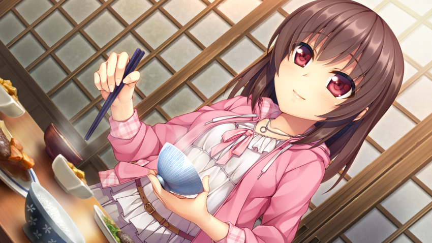 1girl, akizora_momiji, belt, belt_buckle, blush, brown_hair, buckle, chopsticks