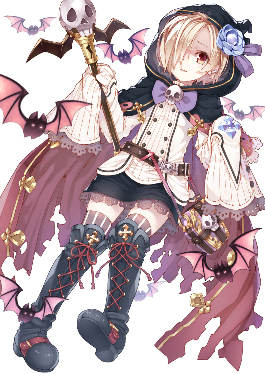 1girl, boots, brown_eyes, cloak, commentary_request, hair_over_one_eye, highres, holding
