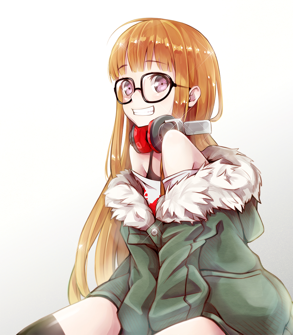 1girl, :d, ahoge, black-framed_eyewear, brown_hair, glasses, gradient, gradient_background