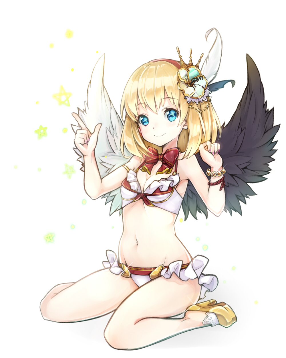 1girl, asymmetrical_wings, bikini, blonde_hair, blue_eyes, hair_ornament, hairband, highres