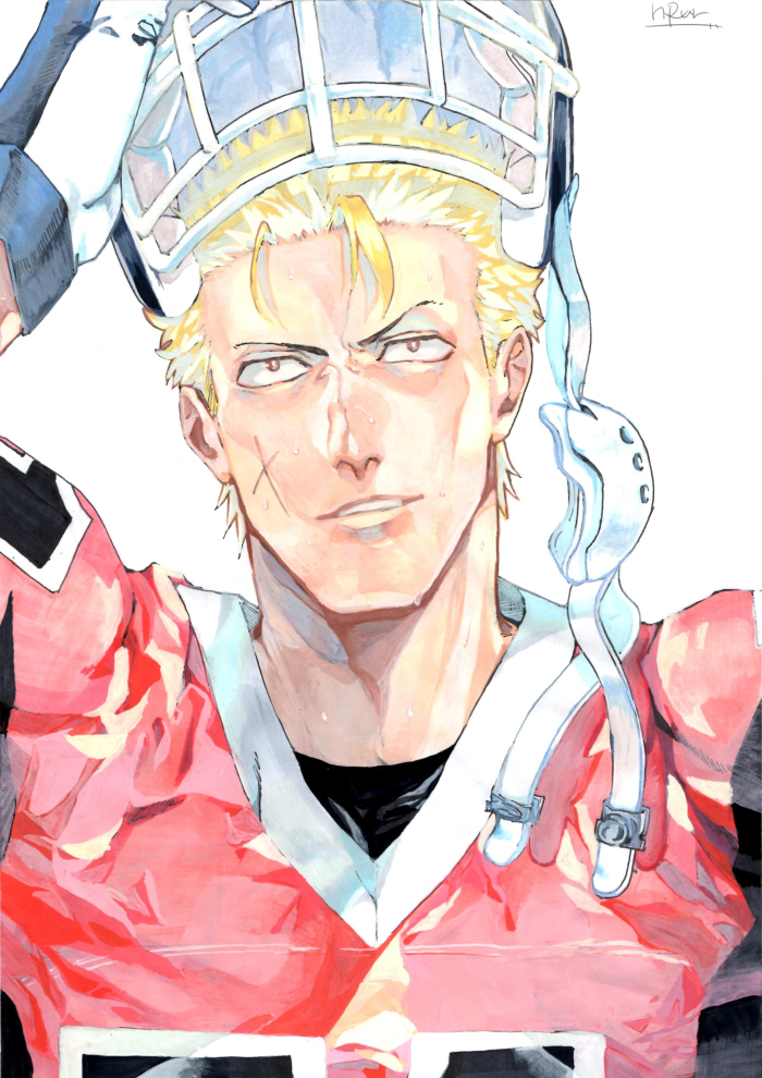 1boy, blonde_hair, eyeshield_21, football, football_helmet, football_uniform, helmet, juumonji_kazuki