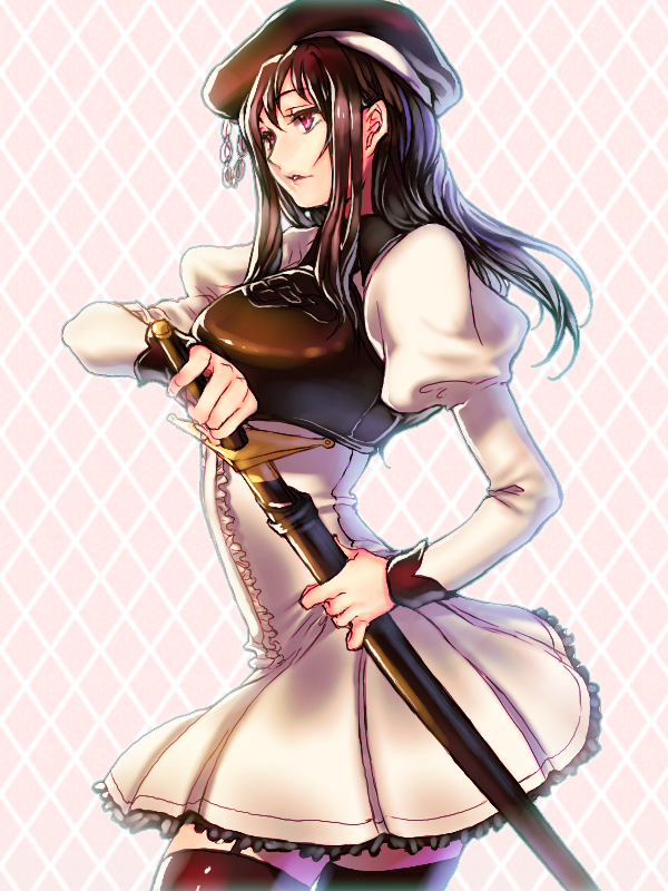 black_hair, dress, hat, julion_(akesuzu), long_hair, mabinogi, red_eyes, sheath