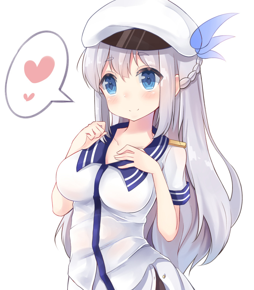 1girl, absurdres, blue_eyes, blush, braid, epaulettes, hands_on_own_chest, hat