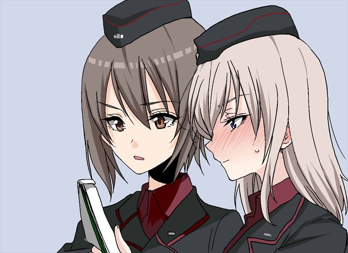 2girls, blue_background, blush, brown_eyes, brown_hair, clipboard, garrison_cap, gatakao