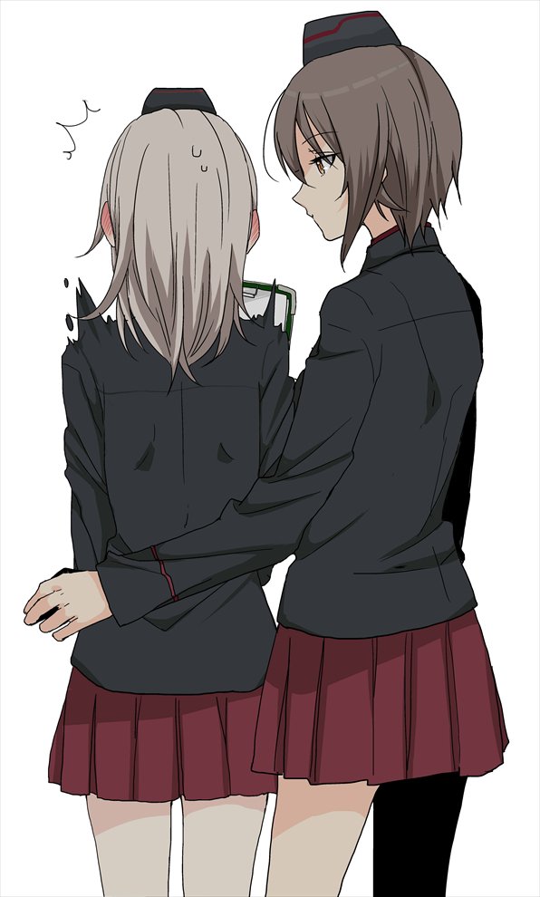 2girls, arm_around_back, brown_eyes, brown_hair, gatakao, girls_und_panzer, itsumi_erika, long_hair