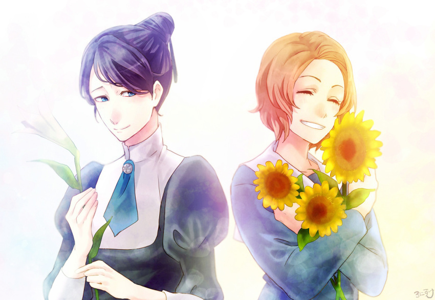 2girls, black_hair, bleach, blue_eyes, closed_eyes, flower, hair_bun, juliet_sleeves, katagiri_kanae, kurosaki_masaki, long_sleeves, multiple_girls, orange_hair, puffy_sleeves, ronisuke, short_hair, smile, sunflower