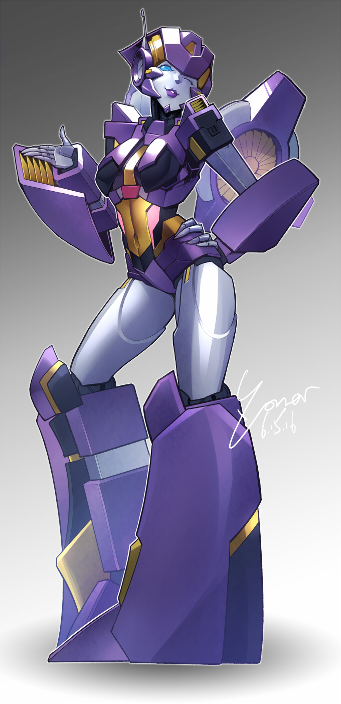 1girl, autobot, breasts, glowing, glowing_eyes, hand_on_hip, highres, lips