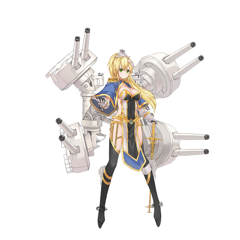 1girl, belt, black_legwear, blonde_hair, breasts, cannon, capelet, chain