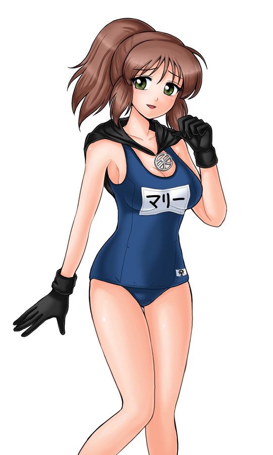breasts, brown_hair, capelet, gloves, green_eyes, hamu_agaki, one-piece_swimsuit, open_mouth