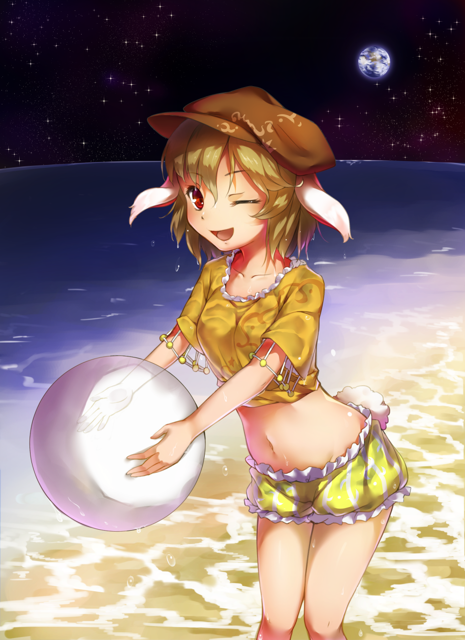 1girl, ;d, animal_ears, ball, beachball, blonde_hair, bunny_tail, collarbone