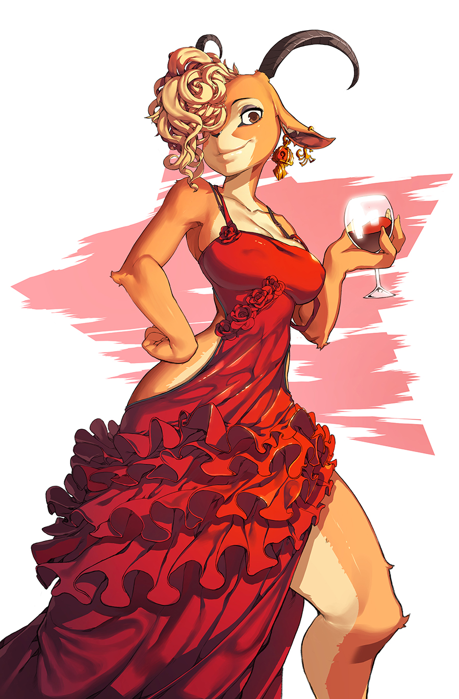 1girl, alcohol, alternate_breast_size, antlers, bare_legs, blonde_hair, bra_strap, breasts, cleavage, collarbone, covered_nipples, cup, disney, dress, drinking_glass, earrings, eureka_brider, eyeshadow, frilled_dress, frills, furry, gazelle_(zootopia), hair_over_one_eye, hand_on_hip, highres, jewelry, large_breasts, looking_at_viewer, makeup, open-back_dress, red_dress, short_hair, side_slit, slender_waist, smile, snout, solo, strap_slip, wine, wine_glass, zootopia