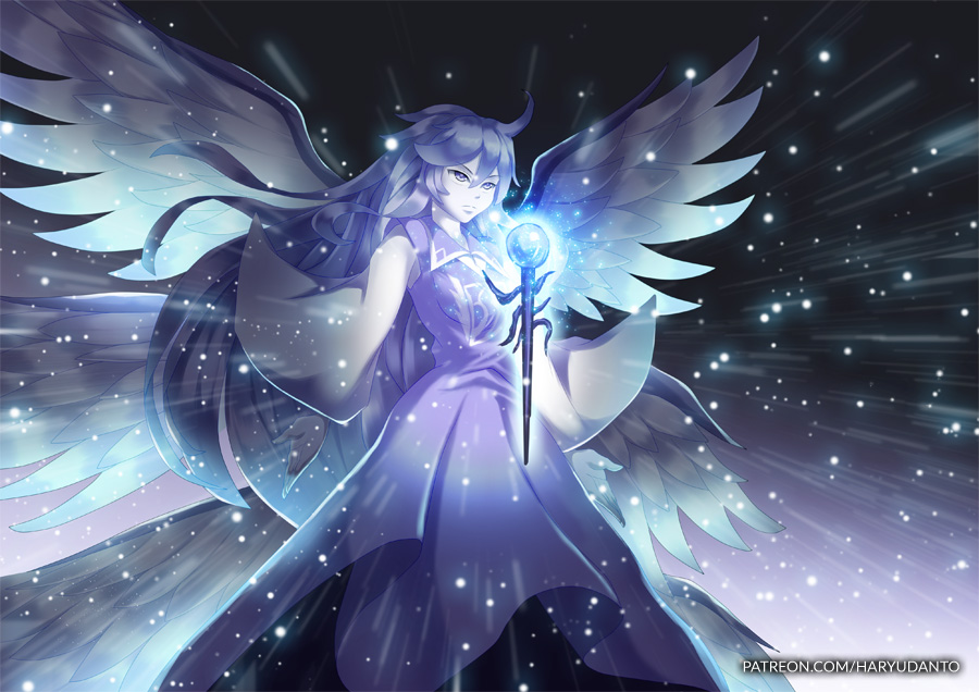 1girl, ahoge, angel, angel_wings, bangs, blue, blue_dress, blue_eyes