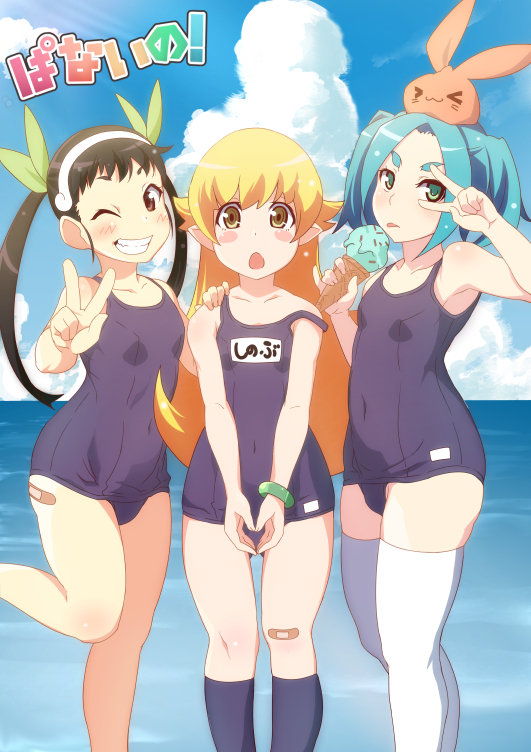 3girls, bandaid, blonde_hair, blue_eyes, blue_hair, blue_swimsuit, blush_stickers, breasts, chestnut_mouth, commentary_request, eyebrows, flat_chest, gesugesu_ahoaho, girl_sandwich, grin, hachikuji_mayoi, hairband, heart, heart_hands, kneehighs, long_hair, monogatari_(series), multiple_girls, name_tag, navy_blue_legwear, old_school_swimsuit, one-piece_swimsuit, onimonogatari, ononoki_yotsugi, open_mouth, oshino_shinobu, red_eyes, ribbon, sandwiched, school_swimsuit, small_breasts, smile, standing, standing_on_one_leg, swimsuit, thick_eyebrows, thigh-highs, tongue, tongue_out, twintails, v, v_over_eye, white_legwear, yellow_eyes