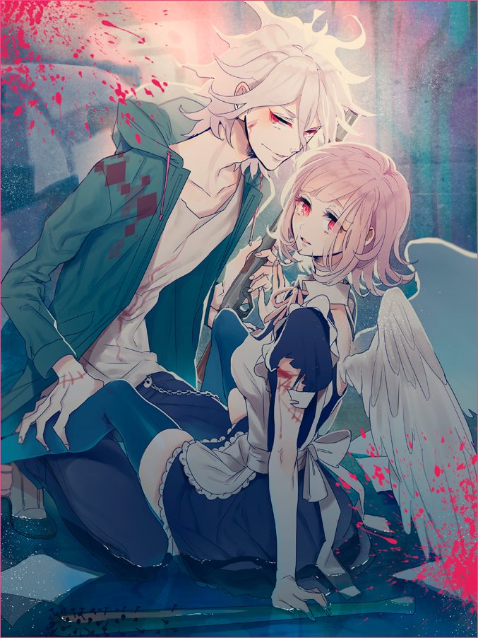 1boy, 1girl, bat, dangan_ronpa, flipped_hair, gun, inseki_tarou, komaeda_nagito