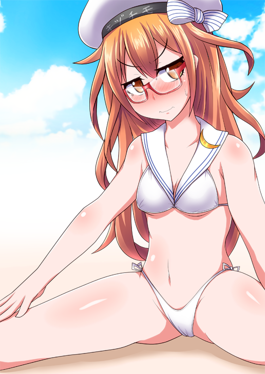 1girl, bikini, brown_hair, clothes_writing, crescent, crescent_moon_pin, glasses, hat