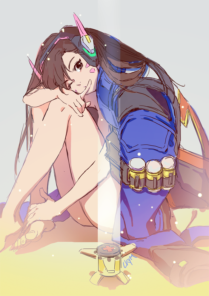 1girl, artist_name, bangs, barefoot, blue_jacket, breasts, brown_eyes, brown_hair