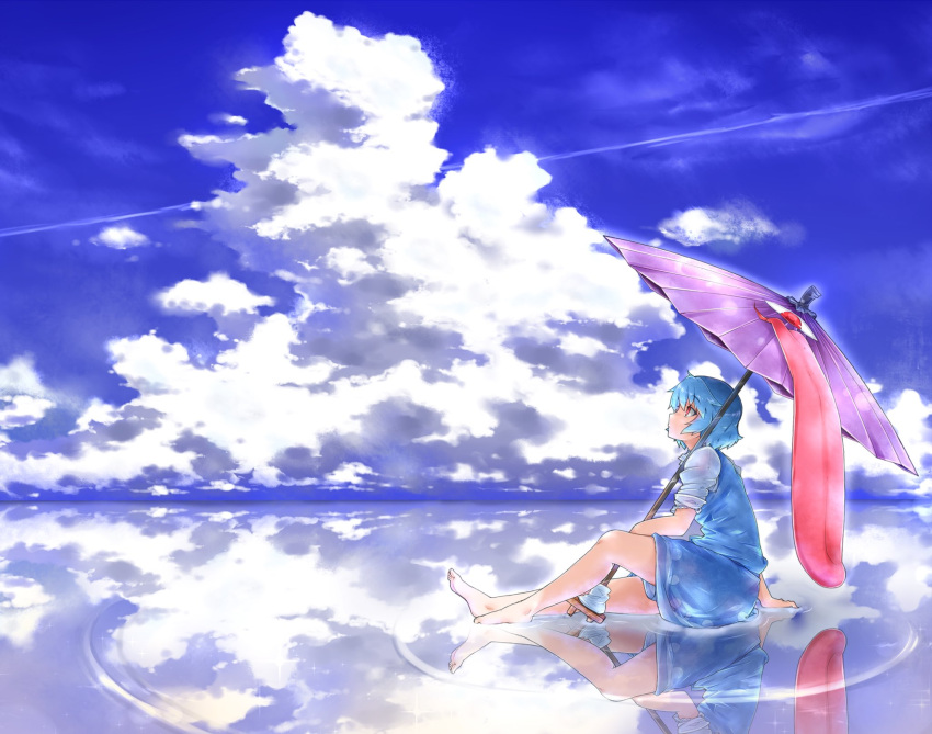 1girl, barefoot, blue_hair, blue_sky, from_side, highres, karakasa_obake, ototobe