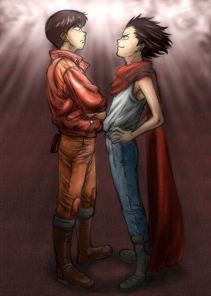 2boys, akira, boots, cape, confrontation, ghost_(mausuman34), kaneda_shoutarou, male_focus