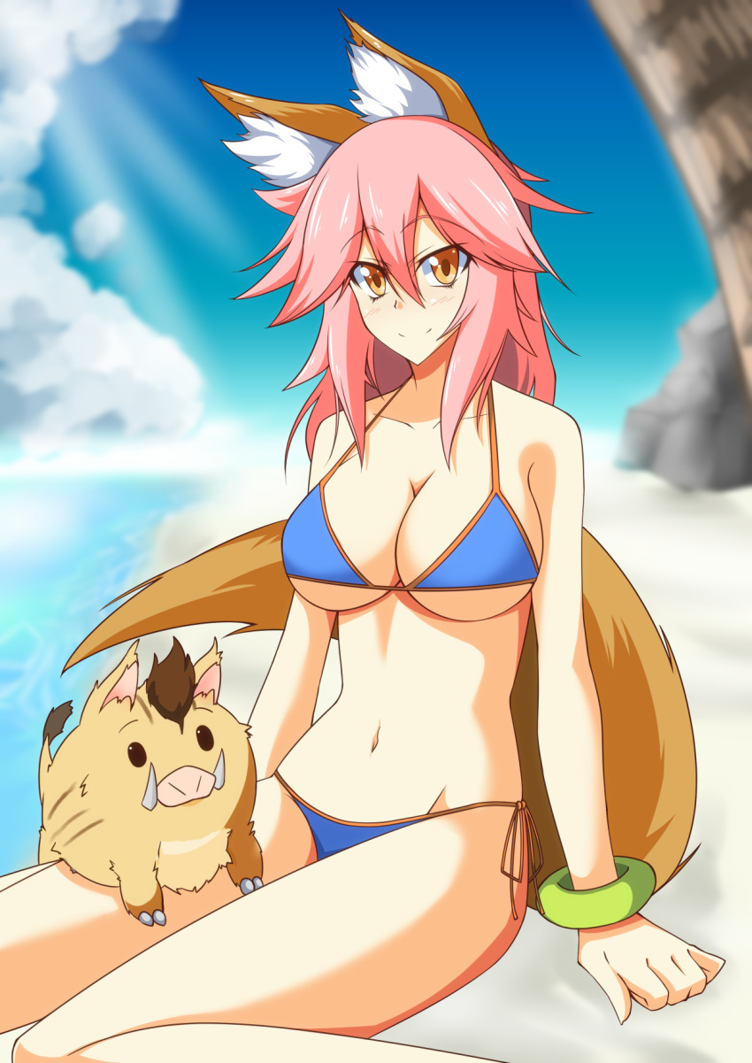 1girl, animal, animal_ears, bikini, blush, breasts, caster_(fate/extra), cleavage