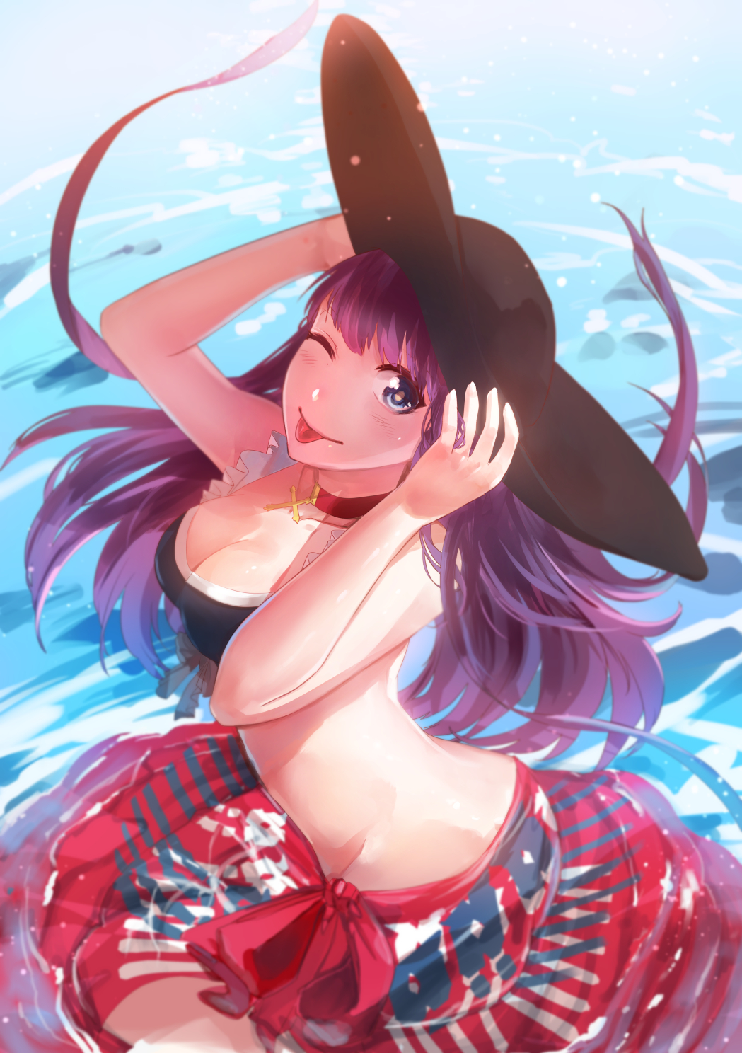 1girl, ;p, bikini, blue_eyes, breasts, choker, cleavage, cross