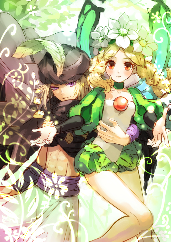 1boy, 1girl, blonde_hair, braid, butterfly_wings, fairy, flower, hair_flower, hair_ornament, hat, hat_feather, ingway_(odin_sphere), long_hair, mercedes, nao_(kanamori24), odin_sphere, pointy_ears, puffy_sleeves, red_eyes, twin_braids, violet_eyes, wings