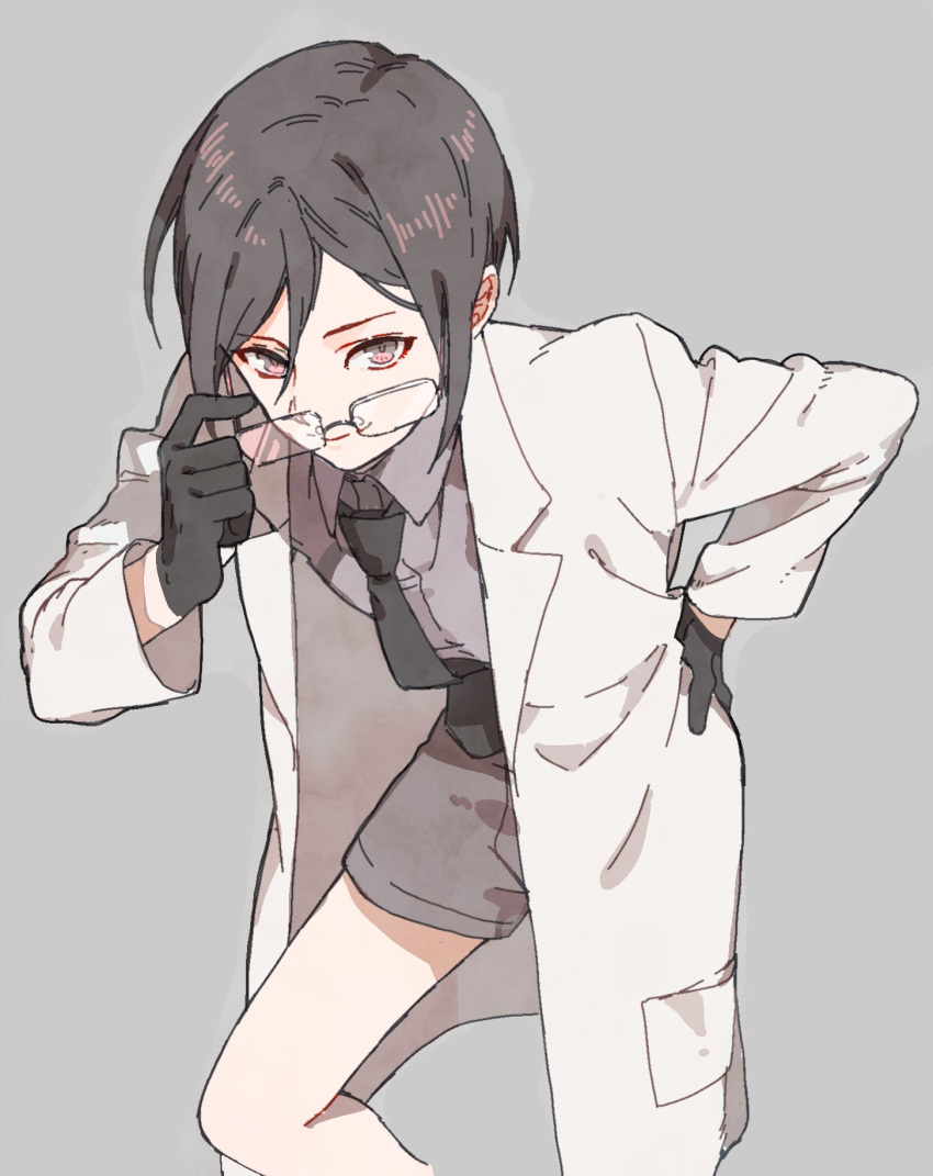 1boy, black_gloves, black_hair, glasses, gloves, gyuunyuu_(mashika), hand_on_hip, highres