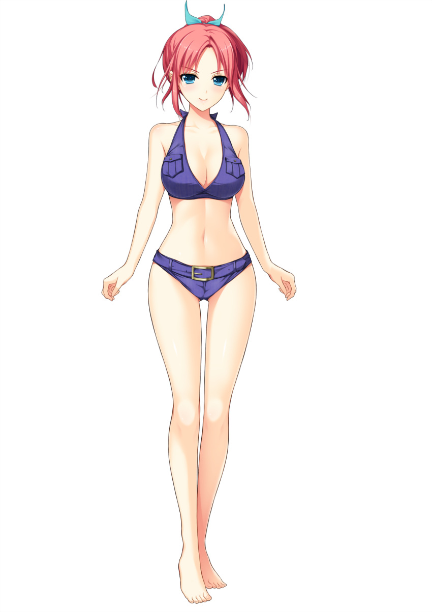 1girl, bare_shoulders, barefoot, bikini_top, blue_eyes, breasts, cleavage, full_body