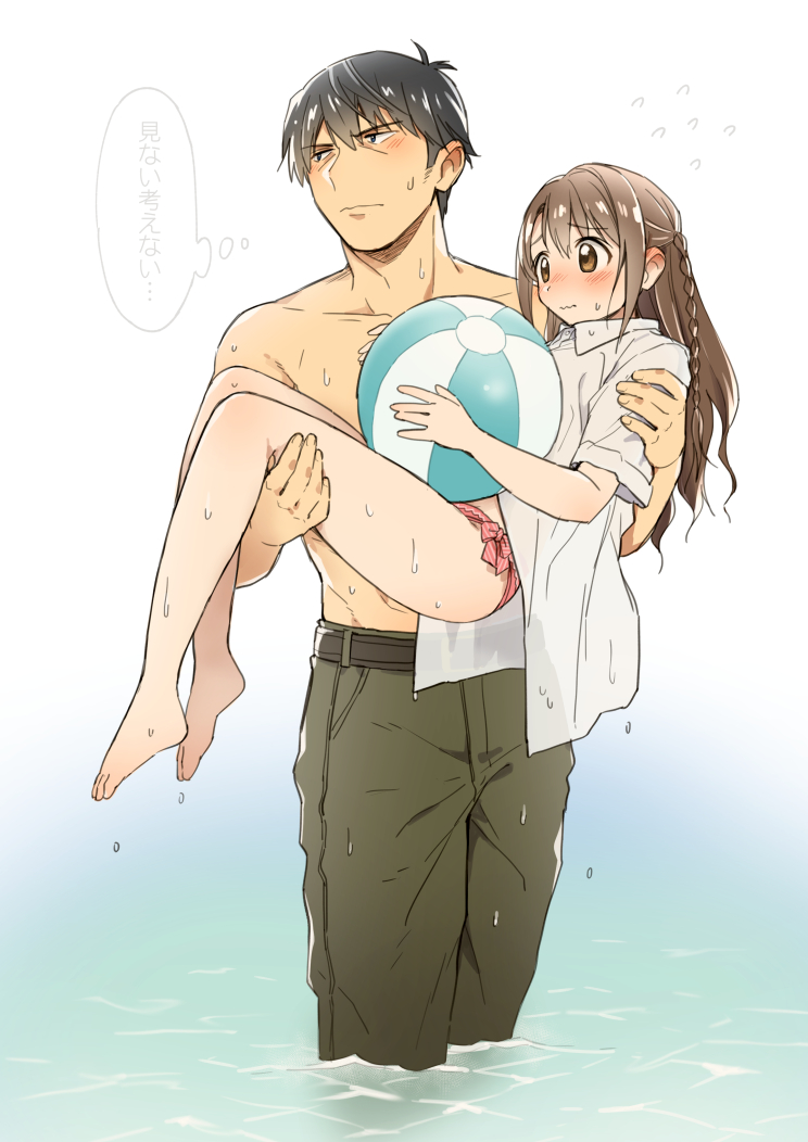 1boy, 1girl, ball, beachball, bikini_bottom, black_hair, blush, braid, brown_eyes, brown_hair, carrying, idolmaster, idolmaster_cinderella_girls, implied_hetero, long_hair, nanonin, one_side_up, princess_carry, producer_(idolmaster_cinderella_girls_anime), shimamura_uzuki, shirt, short_hair, single_braid, translated, translation_request, wading, wet